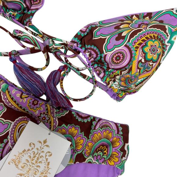 Becca Swim Multi Colored Paisley Reversible Tie Triangle High Waisted Bikini - Picture 2 of 3